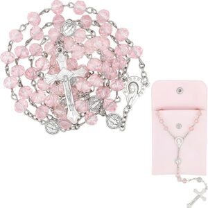 rosario de cristal rosa con medalla virgen maría – en estuche regalo